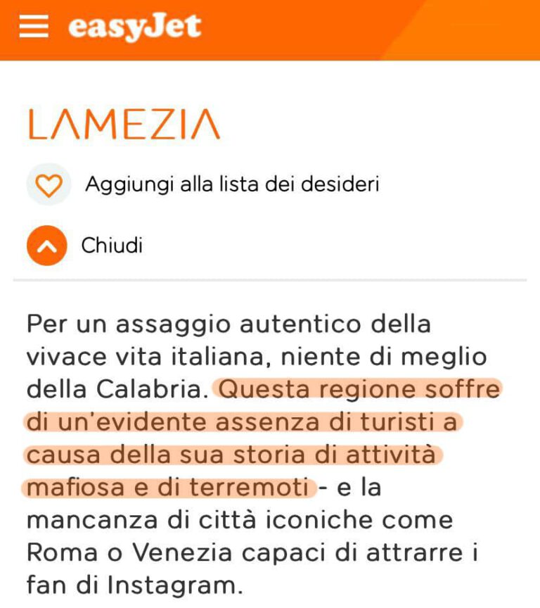 “Calabria terra di mafia e terremoti”, la descrizione shock sul sito di Easyjet